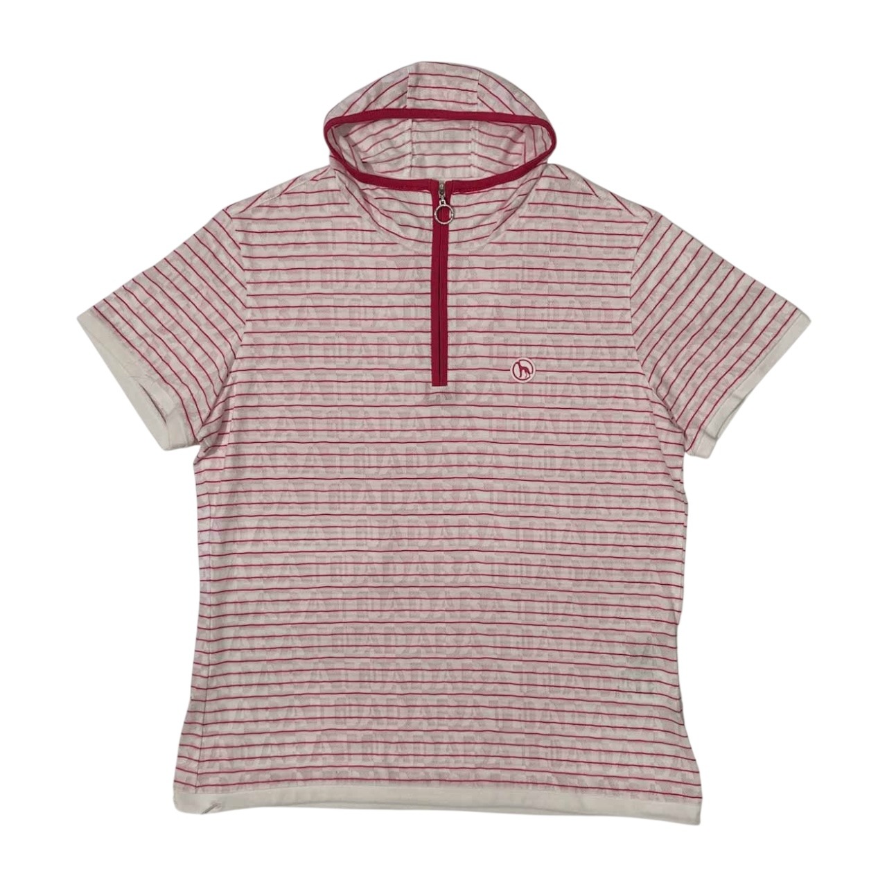 美品 adabat アダバット 総柄 ボーダー柄 ハーフジップ シャツ カットソー 40 /レディース/ゴルフ/ワールド/日本製/ホワイト×ピンク系