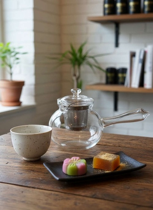 ⑩-6【熱湯　食洗機対応】急須 （横手）３～４人用　耐熱ガラス製　持ち手が細いかな　割引　お茶の時間　ゆとり　癒し【全国一律送料無料(※北海道・沖縄を除く)】