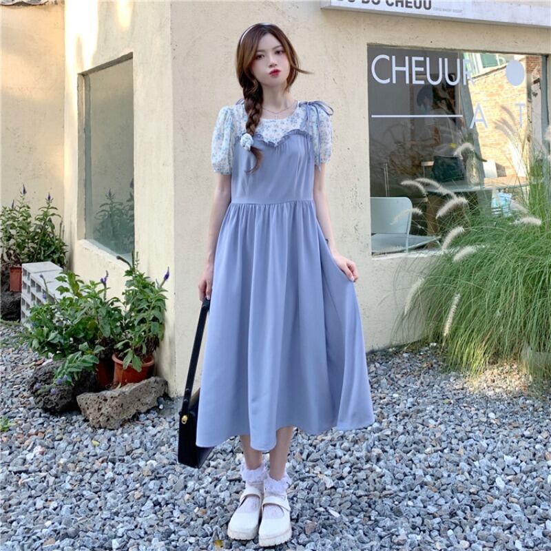 ツーピースフローラルドレス サマースタイルウェストAラインスカート 夏物 花柄 1号婦人37693045189