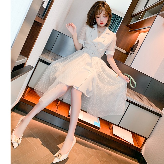 ダブルブレストドレス ハイウェストウェスト水玉メッシュスカート MIUCO28577476457