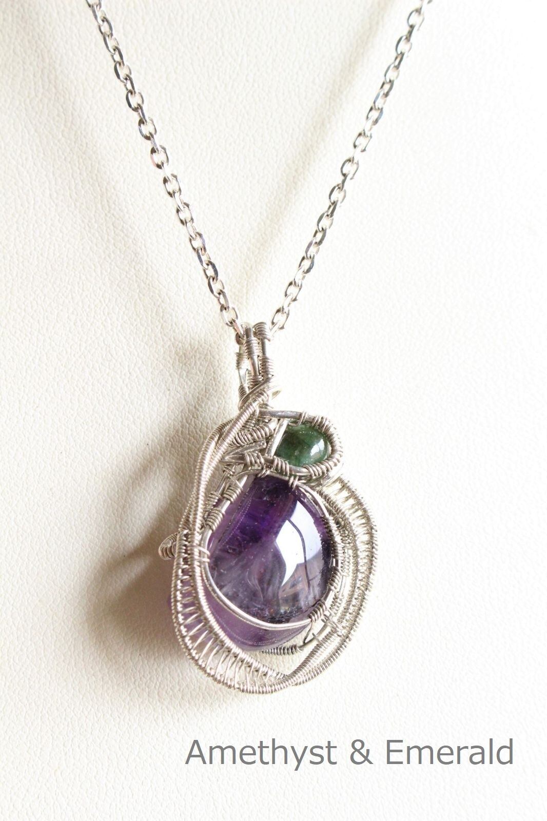 Amethyst & Emerald silver925 wirewrapping pendant