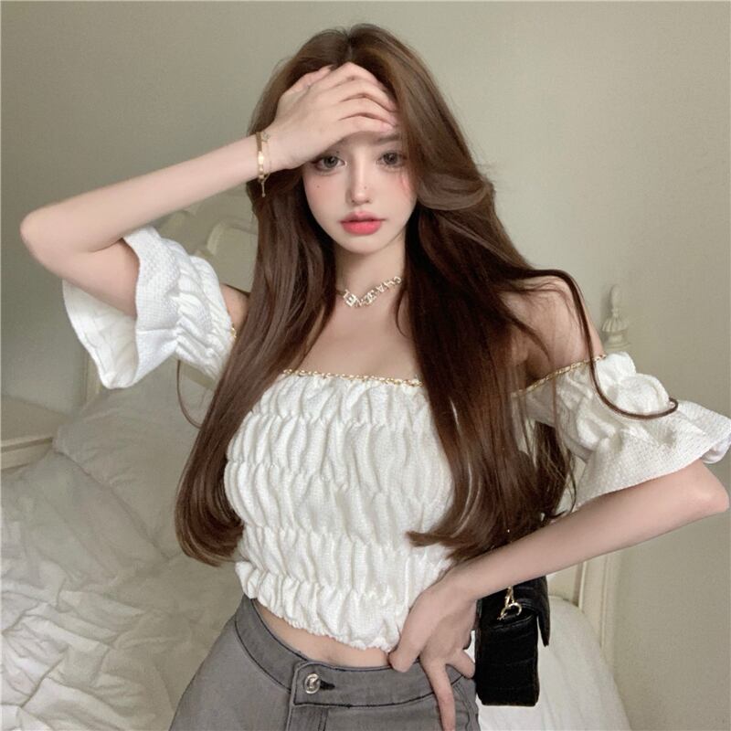 Tシャツ サマーショートスリムチェーン ホワイトトップス 夏物 ステッチ YY-ファッション85358327748