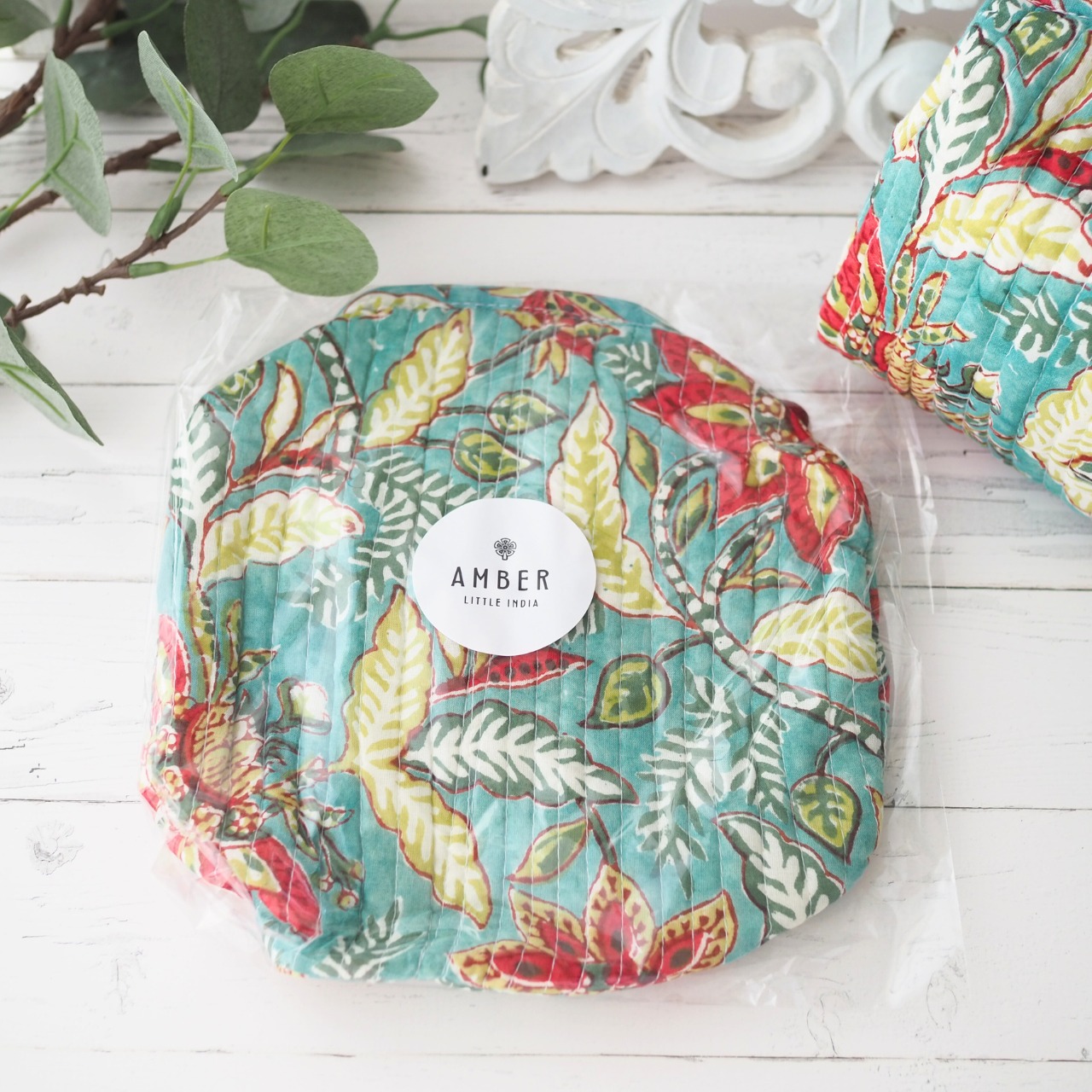 ブロックプリント ポーチ マチあり(M) GREEN