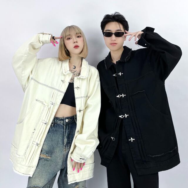 【予約販売】デニムジャケット アウター モノトーン シンプル ジージャン メンズ オーバーサイズ ジ ブラック ホワイト ペア ユニセックス お揃い カップル お洒落 こなれ感 ベーシック 秋 冬 トレンド 韓国 M/L/XL