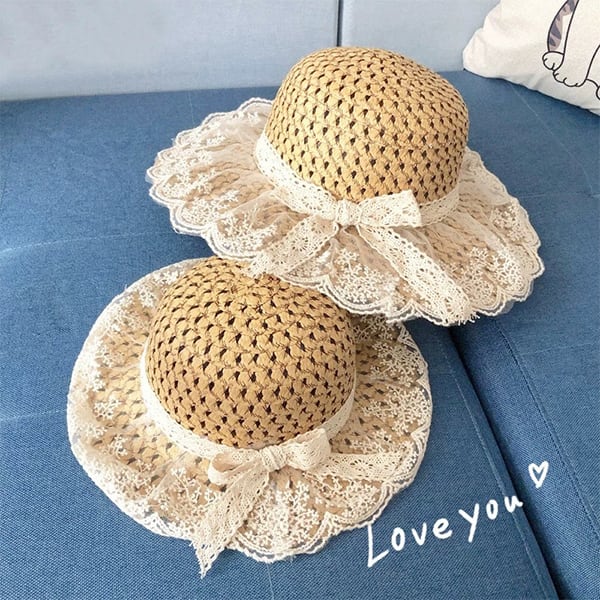 【BABY&KID】親子コーデ 日焼け止めリボン付き麦わら帽子