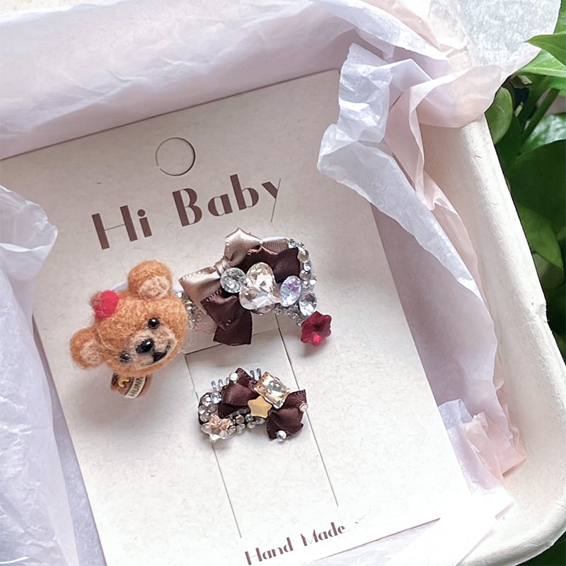 くまさんビジュー&ブラウンリボンヘアアクセセット