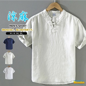 シャツ リネンシャツ 半袖 麻 メンズ 3色 M-3XL 麻100% Vネック 薄手 涼しい カジュアル 夏 25LT339