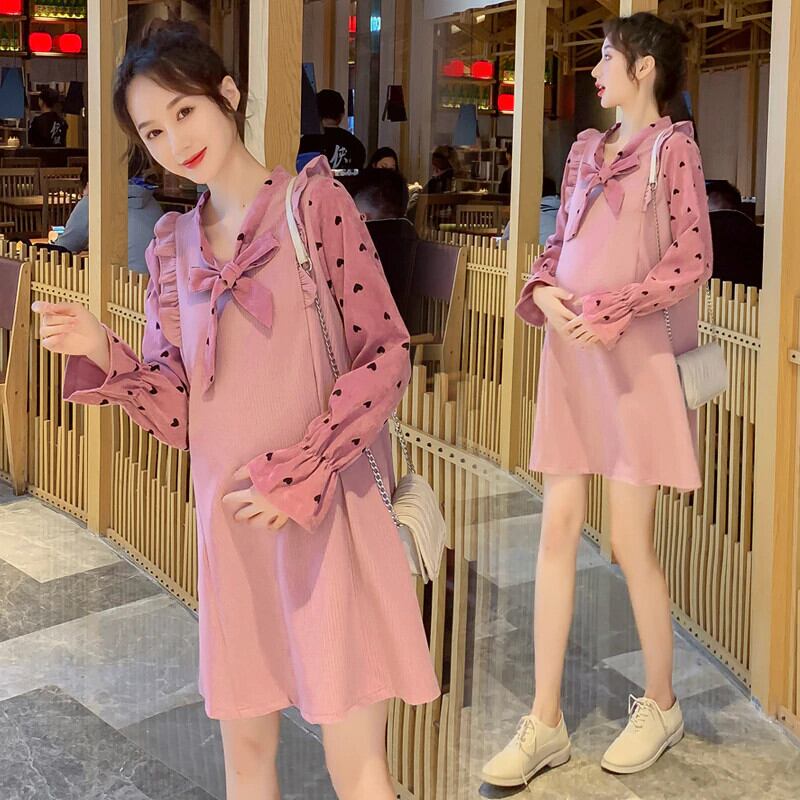 【新作】【送料無料】 マタニティ服ルーズスタイリッシュ春秋長袖ボウノットデコレーションドレス妊婦妊娠服 ロング リボン スプリング 春物 オータム 秋物 AL expec353489478894