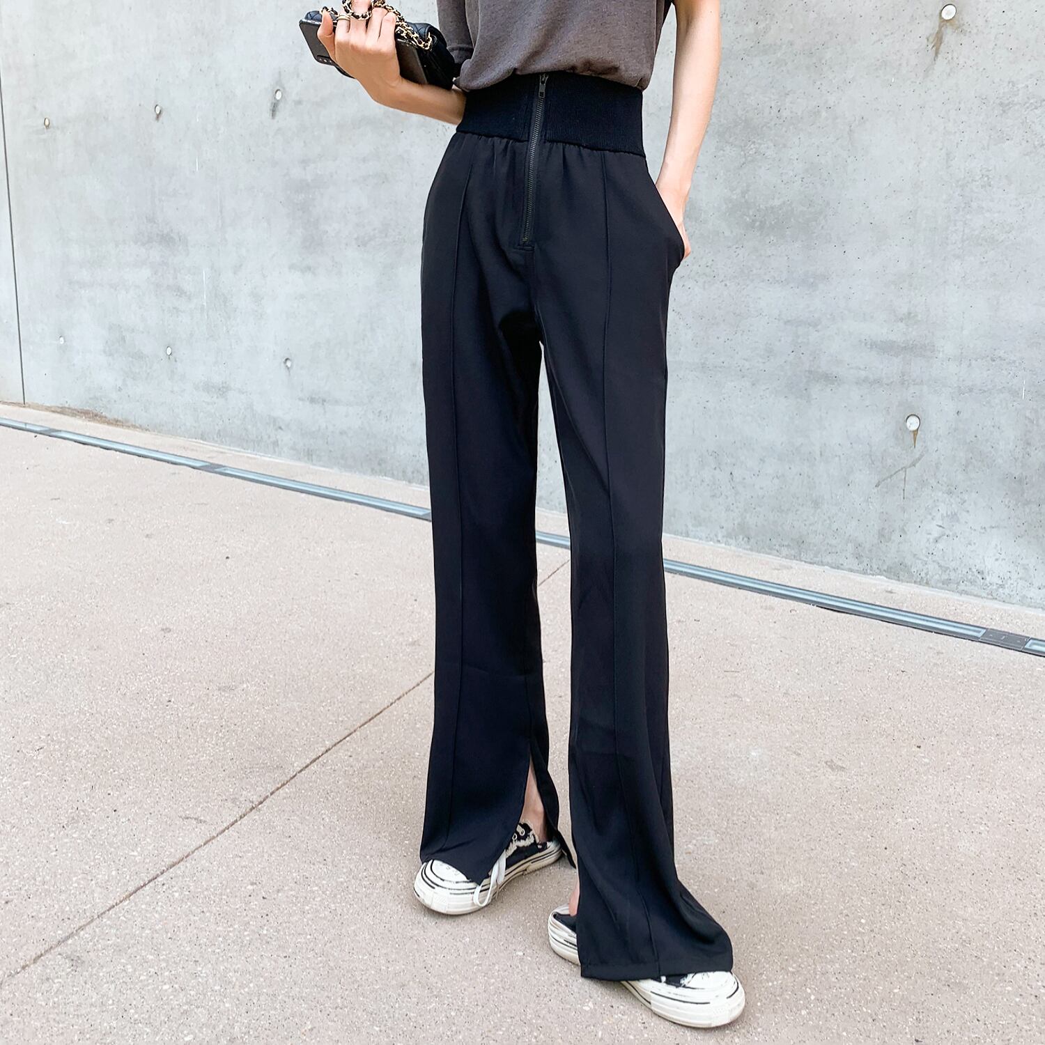 サマースタンダードハイウェストウェストカジュアルパンツ ブラック薄手 レトロ 夏物 6Du_Shop_Women45487951237