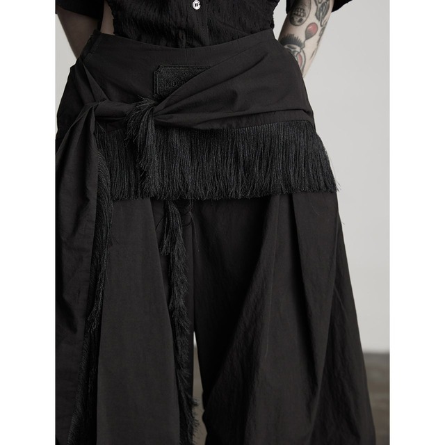 Drape tassel high-waisted wide-leg pants C1090