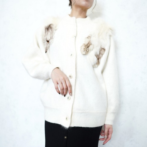 *SPECIAL ITEM* USA VINTAGE BAIK EOK BOOL REAL FOX TIPPET DESIGN ANGORA KNIT CARDIGAN/アメリカ古着リアルフォックスティペットデザインアンゴラニットカーディガン