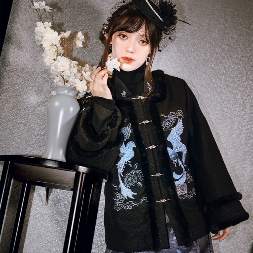 中華ゴシック ウールコート 刺繍 メタル 中華ボタン ゴスロリ 古怪舎