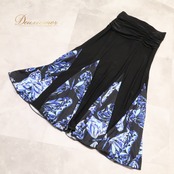 社交ダンス 衣装 スカート レッスンウェア ブラック系 華やか 鮮やか かわいい おしゃれ 上品 大人っぽい フレア 華やかプリント ブルー系 ホワイト系 黒 青 水色 白 ダンス 練習 レッスン ダンス衣装 練習着 軽やか 社交ダンス衣装