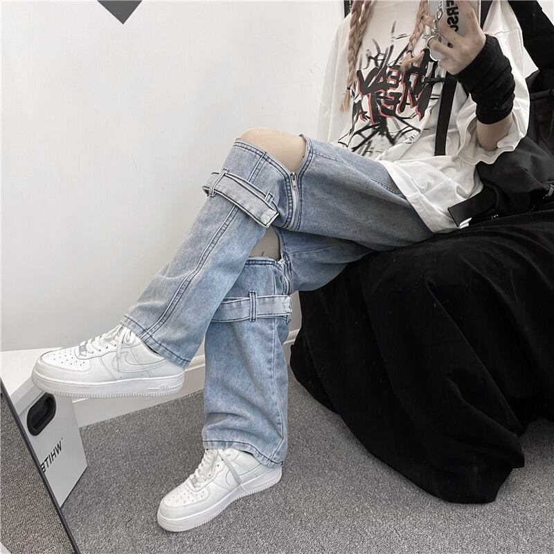 誰とも被らない コーデに オープン デザイン デニム ワイドパンツ ジッパー 韓国っぽ ストリート メンズライク ダボかわ 個性派 ダメージ風 ロックテイスト Lamitte Deco トレンド 韓国ファッション ショップ Base店