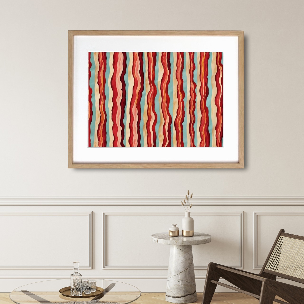 bacon stripes｜ベーコンを抽象ストライプで描くポップアートポスター｜食のユーモアと色彩を楽しむ個性的インテリア｜キッチンにも映える現代アートA3ポスター