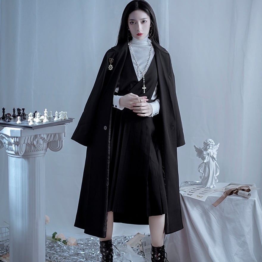 サブカル 服 地雷系 通販 オールインワン シスターコート シャツ プリーツスカート 3点 セット割り 大人ゴシック 美的 闇かわいい