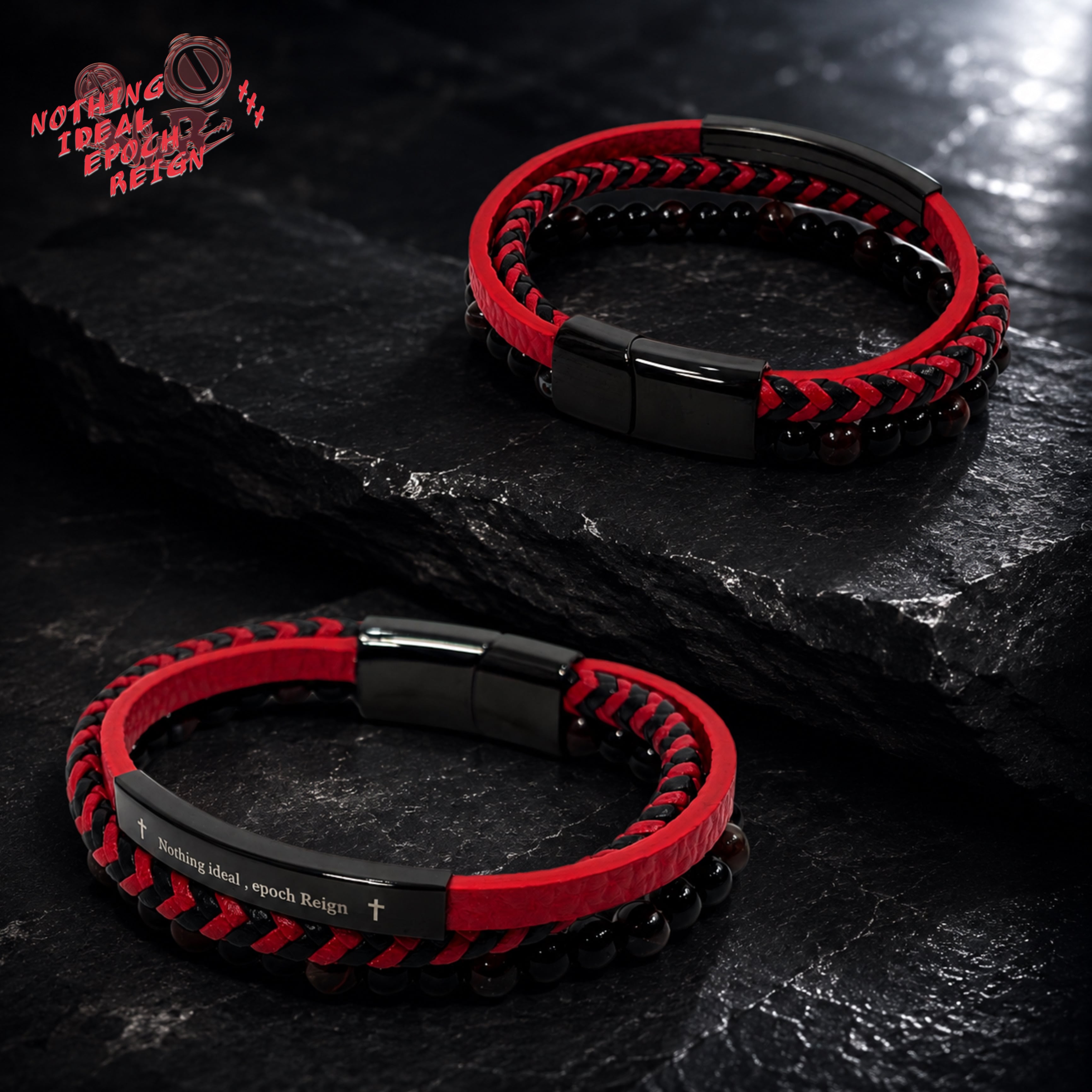 ナンバーナイン レザー ジッパー ブレスレット 黒赤　おまけ付き 先着55点限定55%OFF》RED COLOR PU LEATHER LAYERED BRACELET | NIER