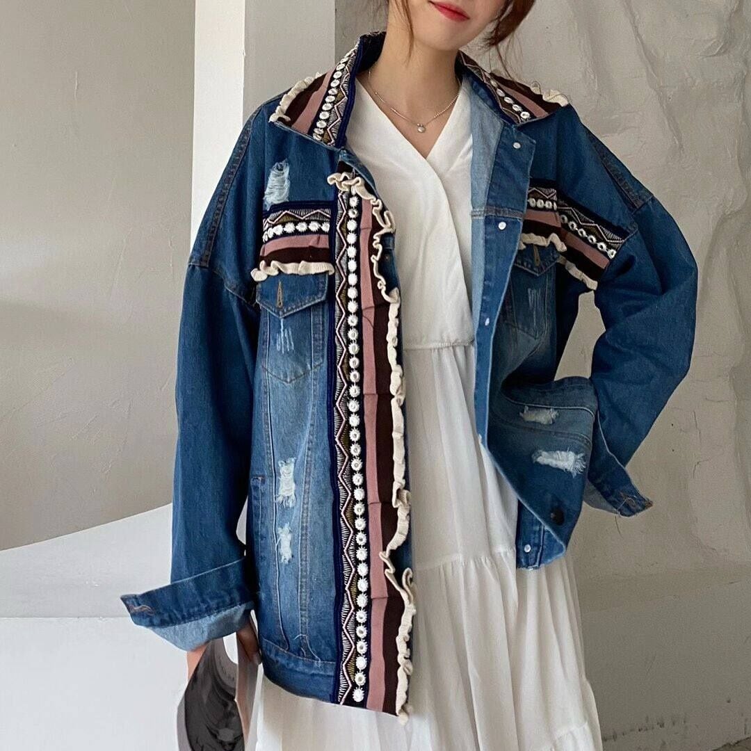RUFFLED CONTRAST EMBROIDERED RELAXED JACKET M-18686