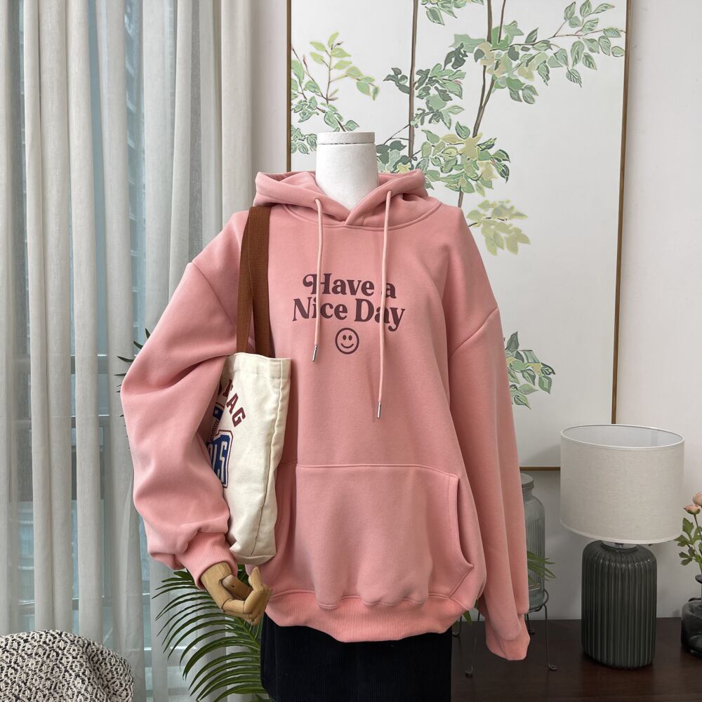 tops】目立つ！カジュアルフード付きパーカー文字プリント3色ゆったり