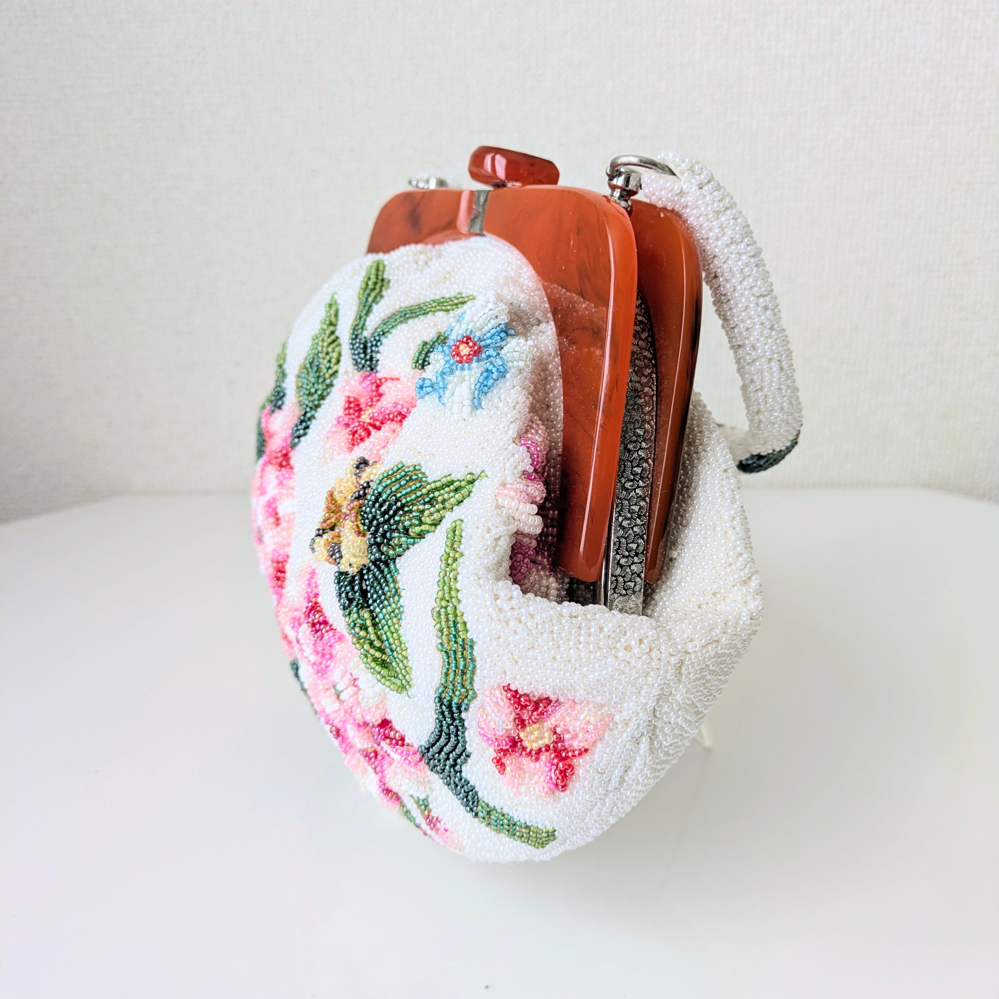 Vintage】ビーズ刺繍バッグ 白 花柄 べっ甲風 大き目サイズ パーティー