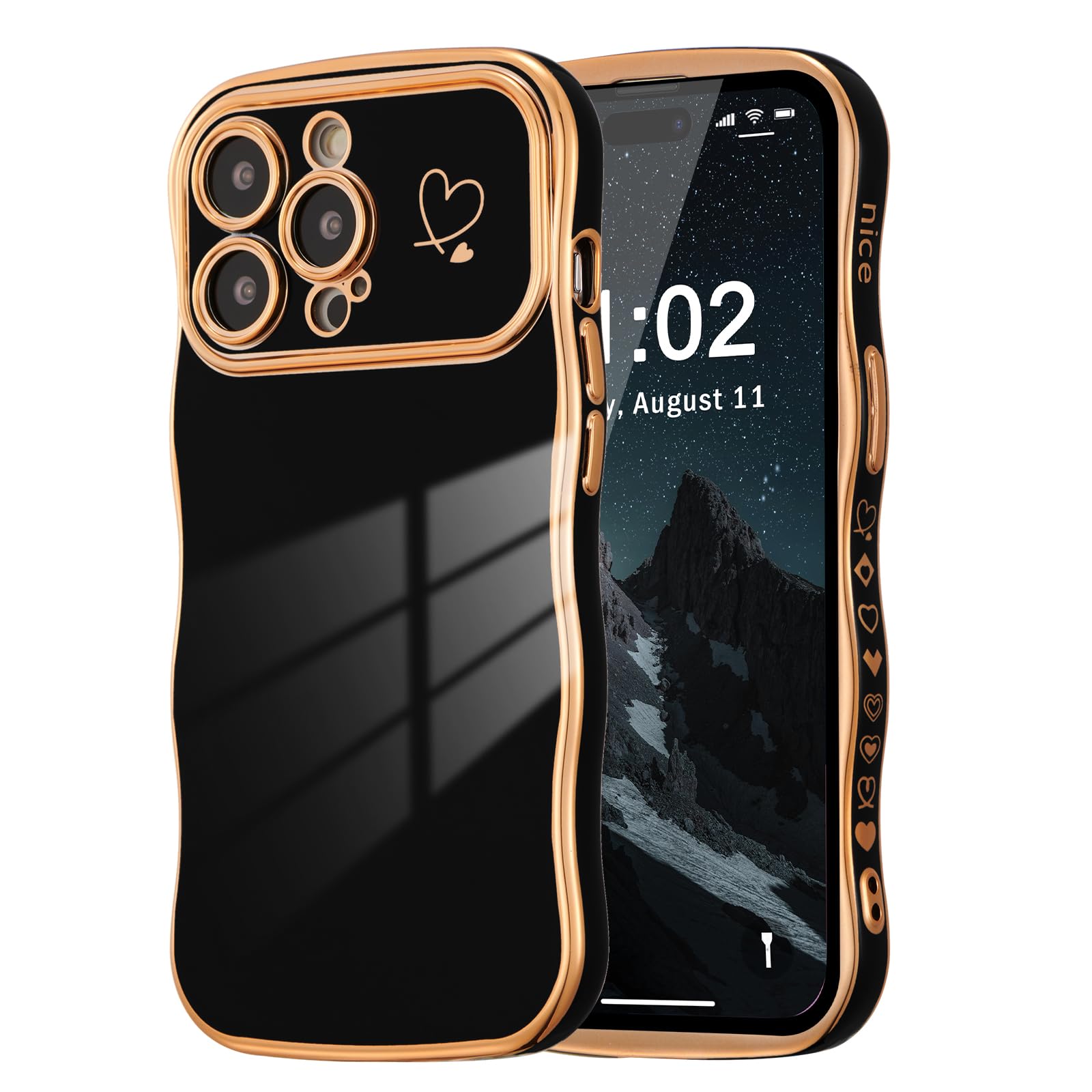 【特価処分】ZTOFERA iPhone 15 Pro 用 ハートケース 人気 おしゃれ iPhone 15 Pro 波型ケース 柔軟な TPU シリコン ウェーブ デザイン スマホケース メッキ加工 ソフト 軽量 耐衝撃 韓国 可愛い アイフォン 15 Pro ケース 女子 女性 携帯電話カバー ワイヤレス充電対応 (ブラック)