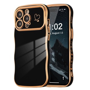 【特価処分】ZTOFERA iPhone 15 Pro 用 ハートケース 人気 おしゃれ iPhone 15 Pro 波型ケース 柔軟な TPU シリコン ウェーブ デザイン スマホケース メッキ加工 ソフト 軽量 耐衝撃 韓国 可愛い アイフォン 15 Pro ケース 女子 女性 携帯電話カバー ワイヤレス充電対応 (ブラック)