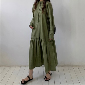 スタンドカラー　切替ギャザー　シャツドレス〈５カラー サイズF〉