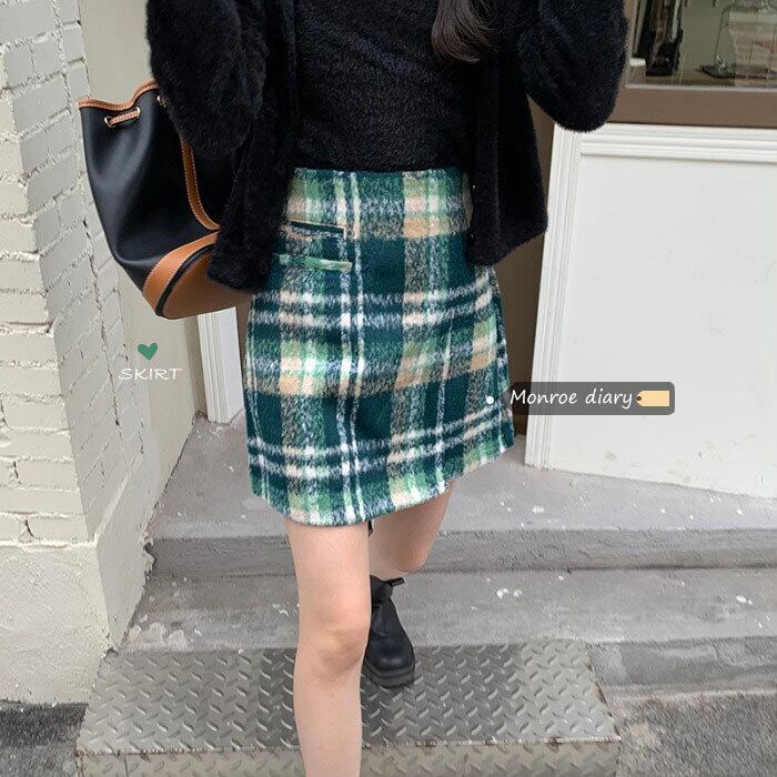 スタンダード格子柄スカート ハイウェストウェストショートAラインオータムウィンター レトロ 秋物 冬物 モンロー83616932445