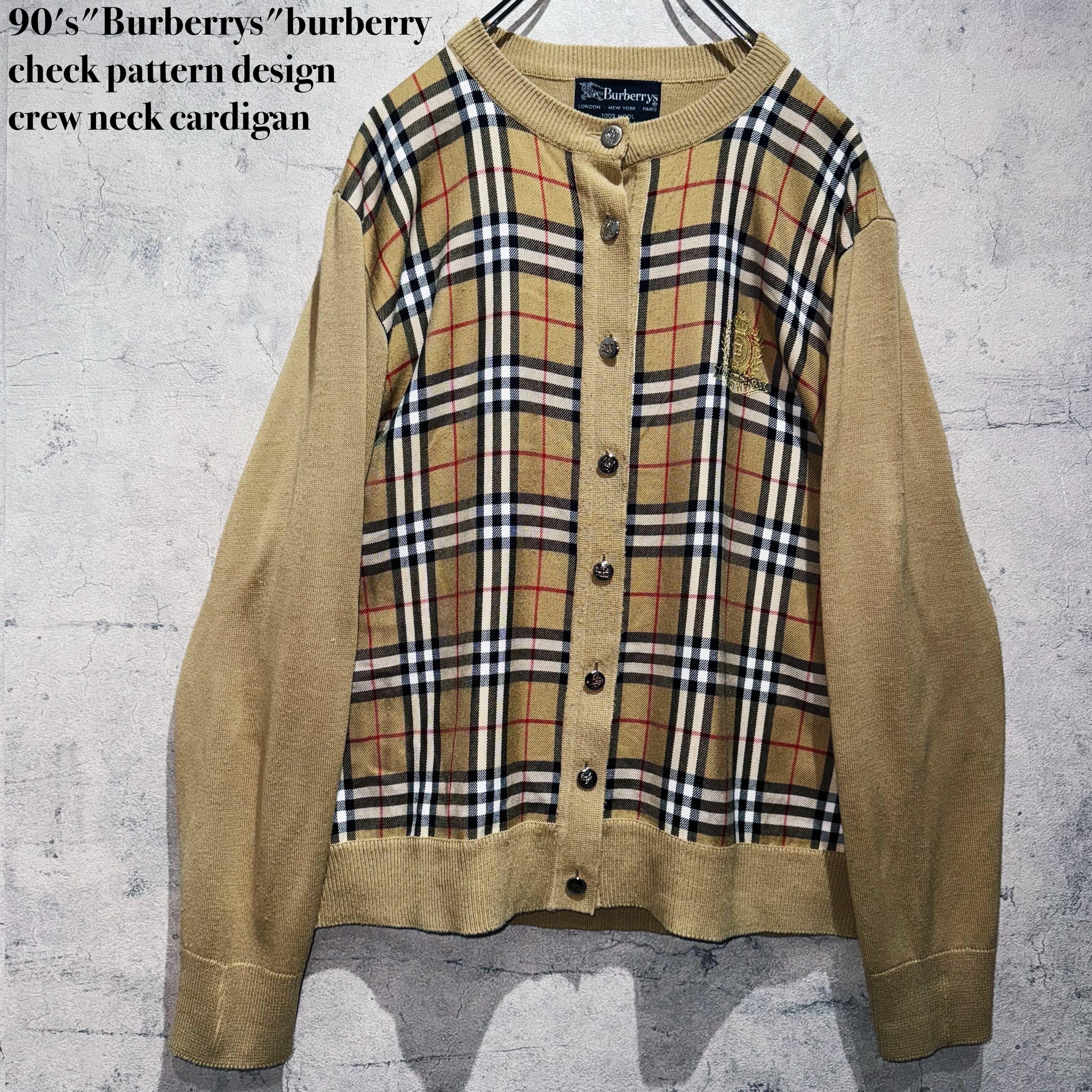 90's"Burberrys"burberry check pattern design crew neck cardigan