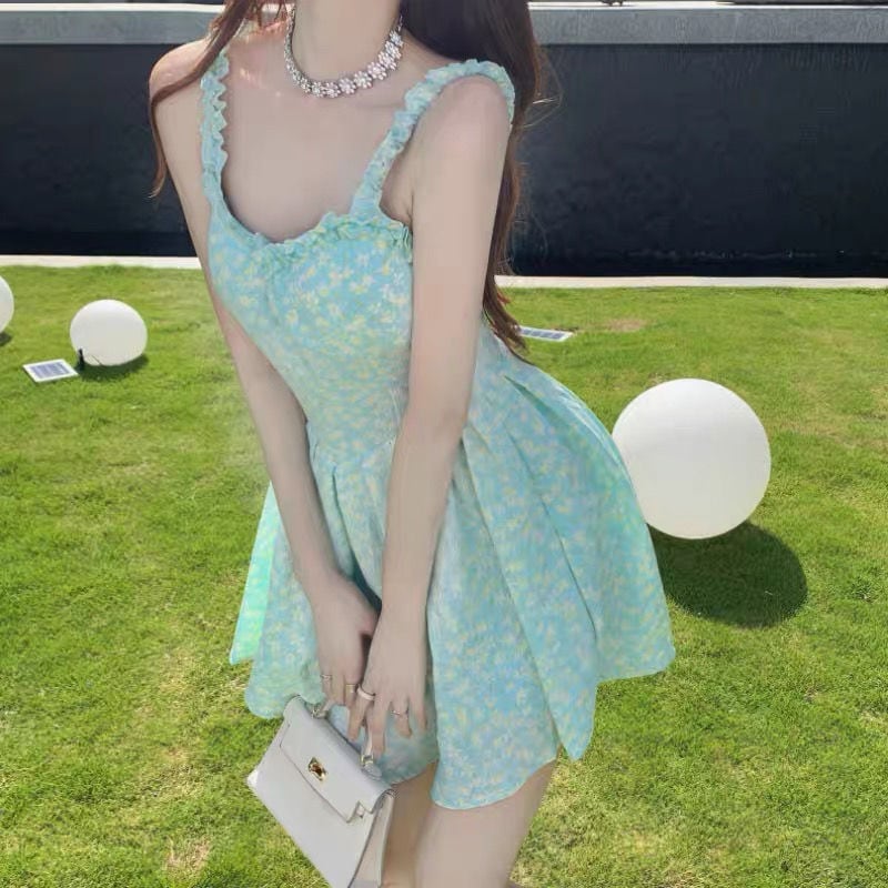 【新作】【送料無料】 サスペンション花柄ドレスの女性の夏純粋な光沢のある甘いスパイシーなセクシーなスリムフィットシックなデザインのショートスカート 0246209900648