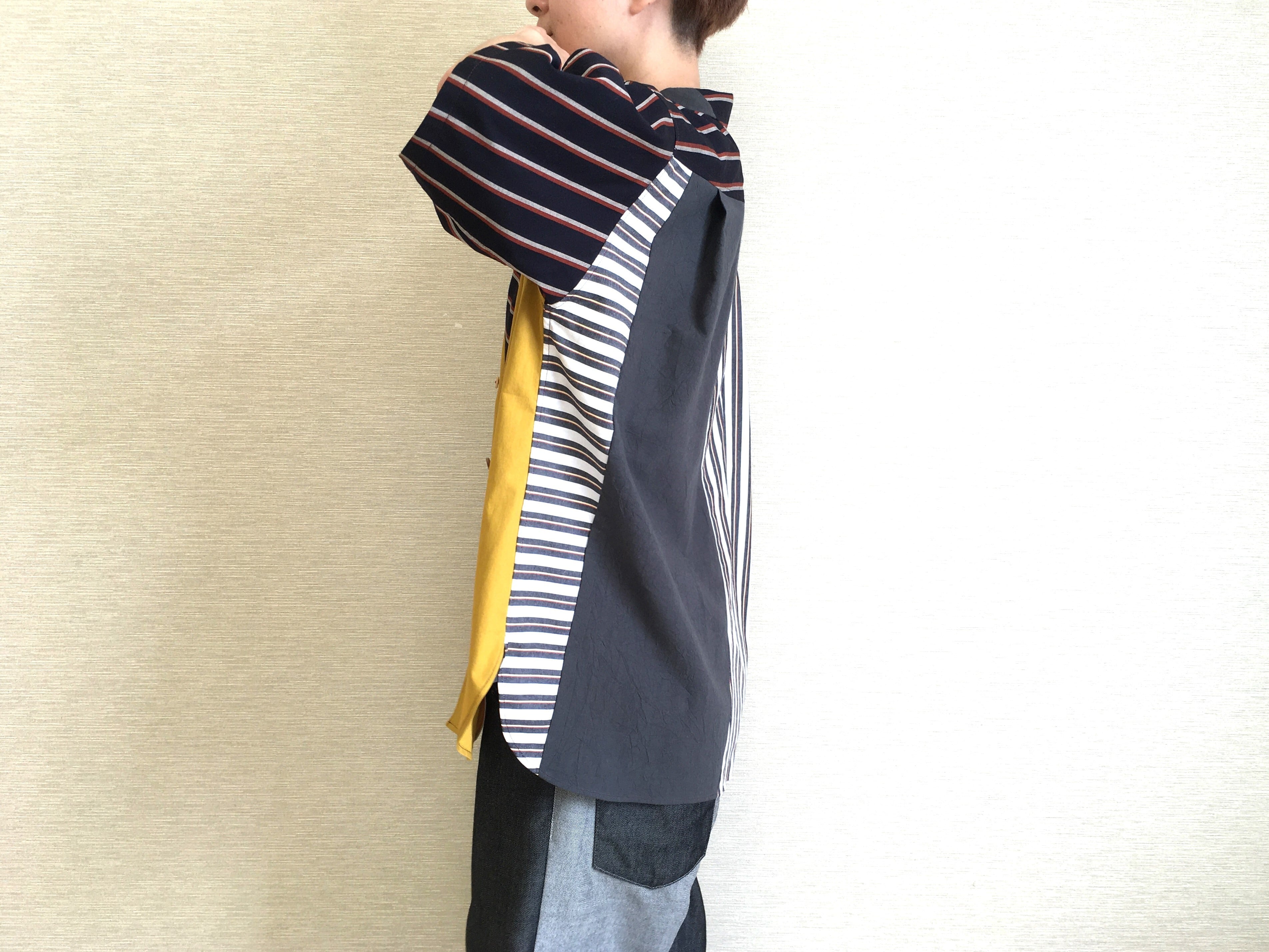 半袖ゆるっとシャツ007/ネイビー×イエロー×グレー | umiuni