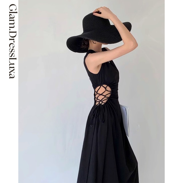 ウエスト レースアップ black ワンピース_W34