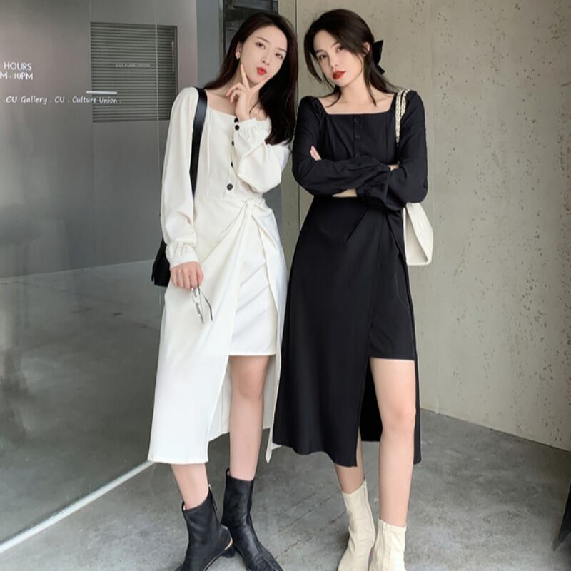 スプリングスタイルハイウェストウェストスリム長袖スリーブドレス レディース ロング 春物 スクウェア YY-ファッション31863336988