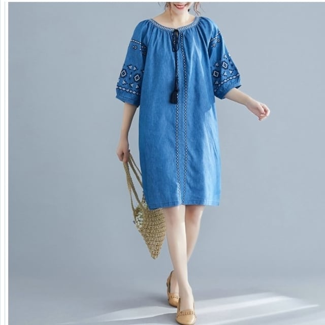 ワンピース 2色展開 刺繍 ワンピース パフスリーブ ワンピース ナチュラル ワンピース デニムワンピース リンネル系 森ガール ワンピース Basecamp49