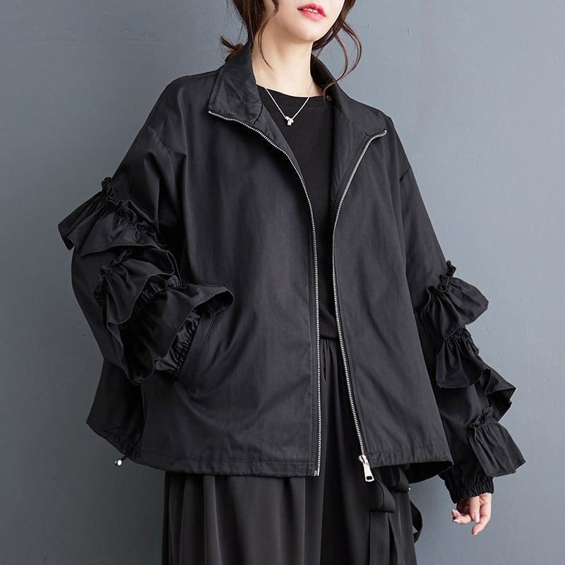ジャケット RUFFLED WINDBREAKER BLACK STAND COLLAR FULLZIP WINDBREAKER JACKET 1color M-8000