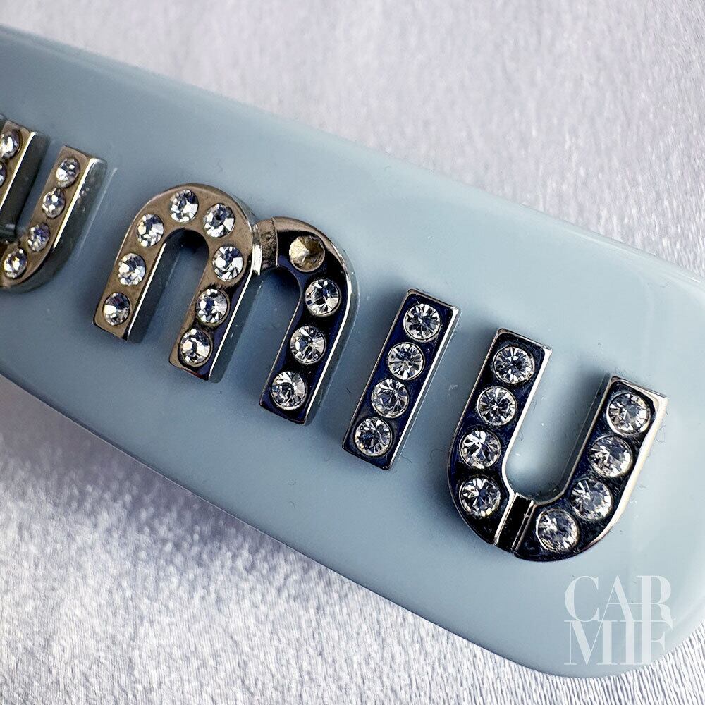 正規品 MIUMIU ブルー バレッタ MIU MIU ミュウミュウ ロゴ バレッタ レジン×GP×ラインストーン