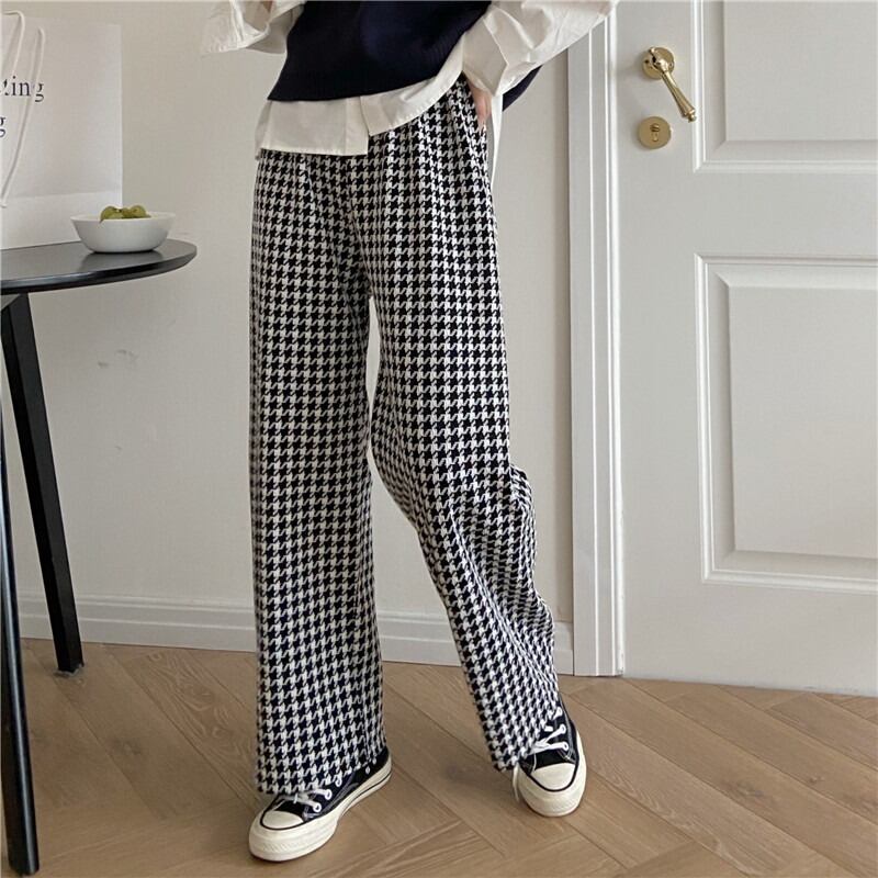 格子柄ニットハイウェストウェストスリムパンツ カジュアル 1号婦人9778663628