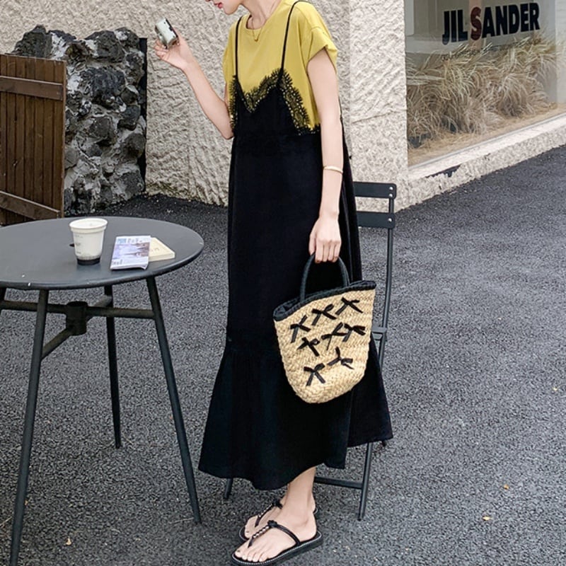 150cm〜 シンプルTシャツトップス + レースキャミソールワンピース