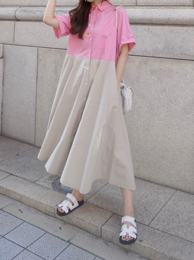 bicolor shirts onepiece / pink × beige  8/12 21:00 ～ 再販 (即納)