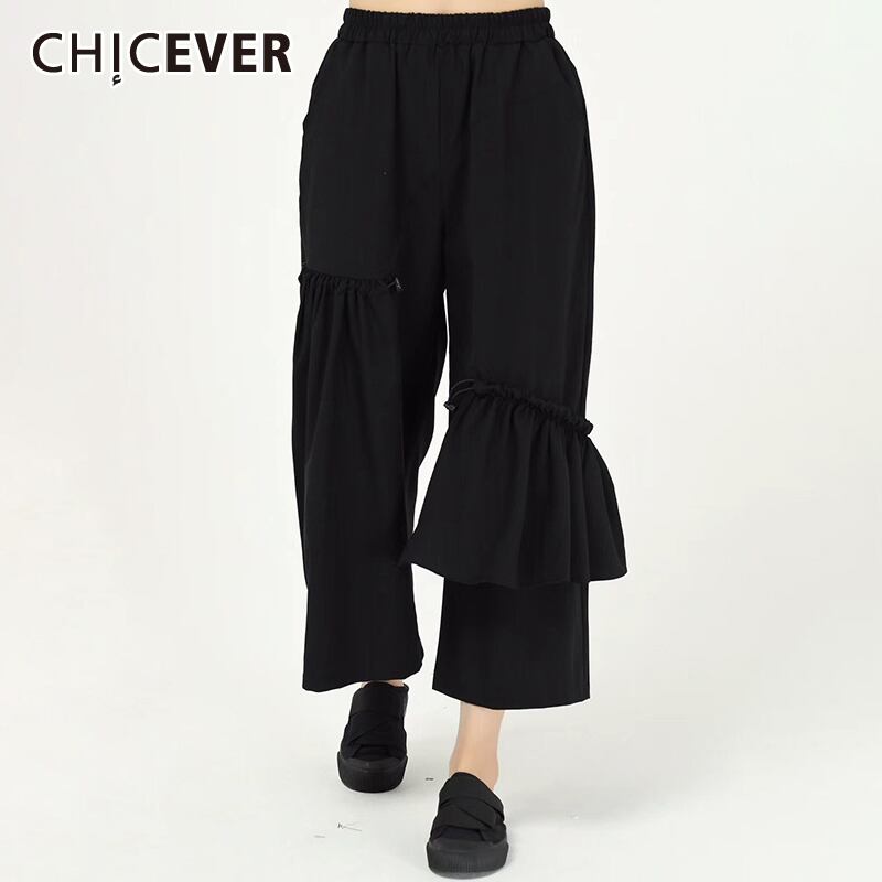 CHICEVERドローストリングレディースパンツウエストパッチワークフリルオーバーサイズルーズパンツ2020春服 スプリング 春物 6base52416169841