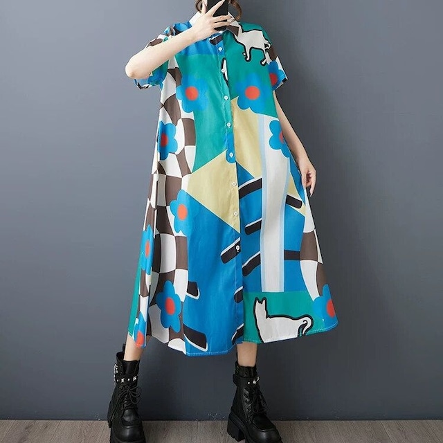 PRINT HALF SLEEVES A-LINE MIDI SHIRT DRESS 1color M-16567