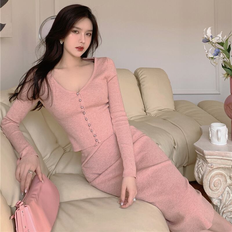 スタンダードニットスカート スプリングオータムハイウェストウェスト薄手 ピンク レトロ 春物 秋物 ブラックストロベリース91147544123