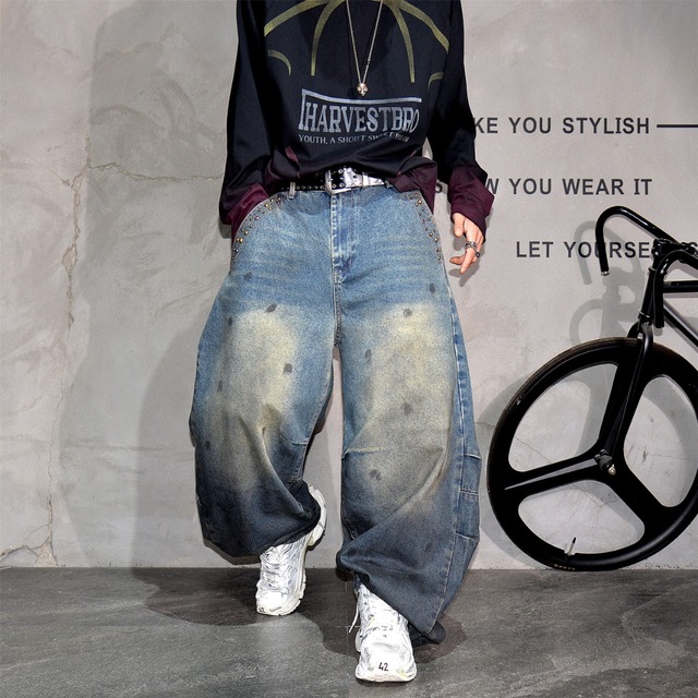 ダーティーワイドレッグカーブジーンズパンツ 11174