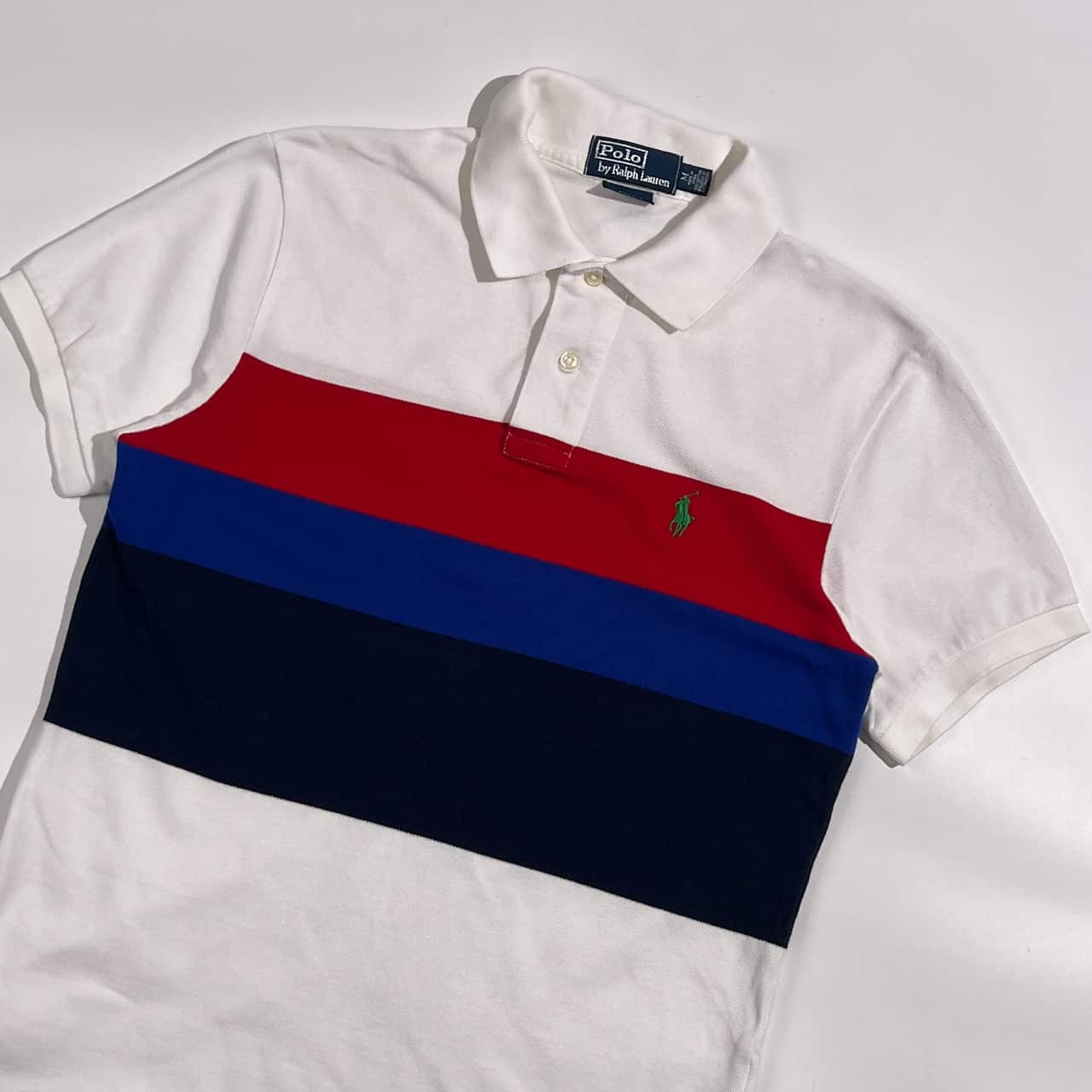 90s Polo by Ralph Lauren ポロ ラルフローレン CUSTOM FIT ボーダー 鹿の子 半袖 ポロシャツ サイズ M /ホワイト メンズ ビンテージ