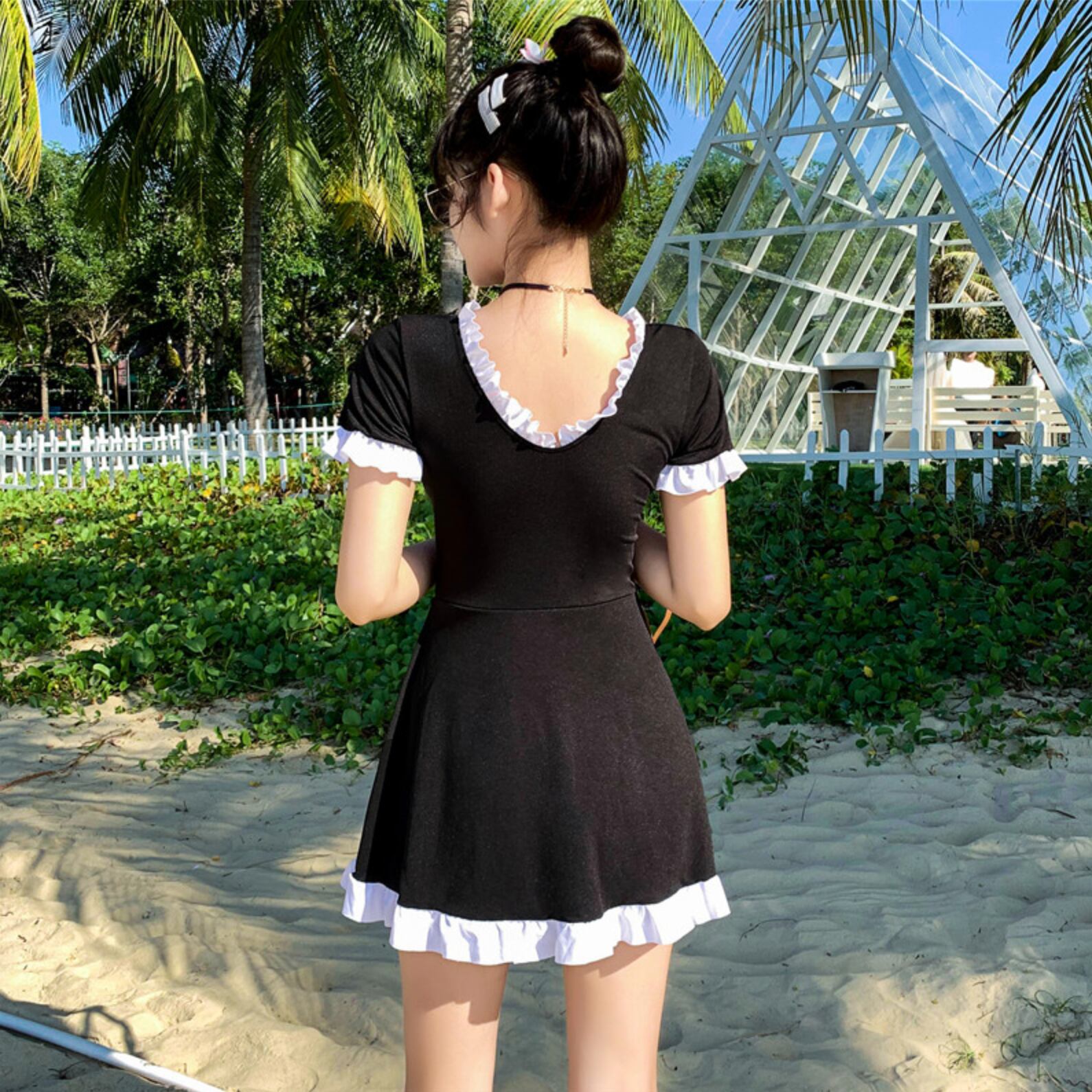 送料無料 レトロ ガーリー 水着 ワンピース バイカラー フリル リボン 海 プール スイムウェア 体型カバー Aライン 可愛い Lamitte Deco トレンド 韓国ファッション ショップ Base店