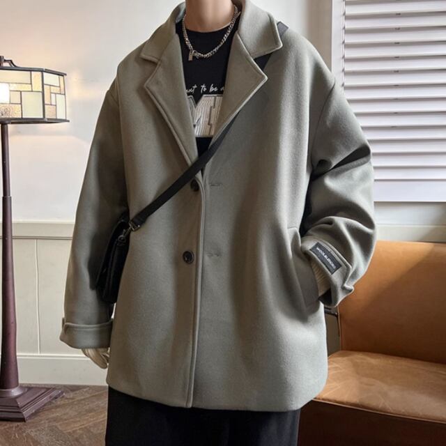 【予約販売】コート メンズ シンプル アウター ホワイト ブラック グレーカーキ ショート丈 通学 通勤 防寒 お洒落 こなれ感 ベーシック 秋冬 大きいサイズ M/L/XL/2XL/3XL