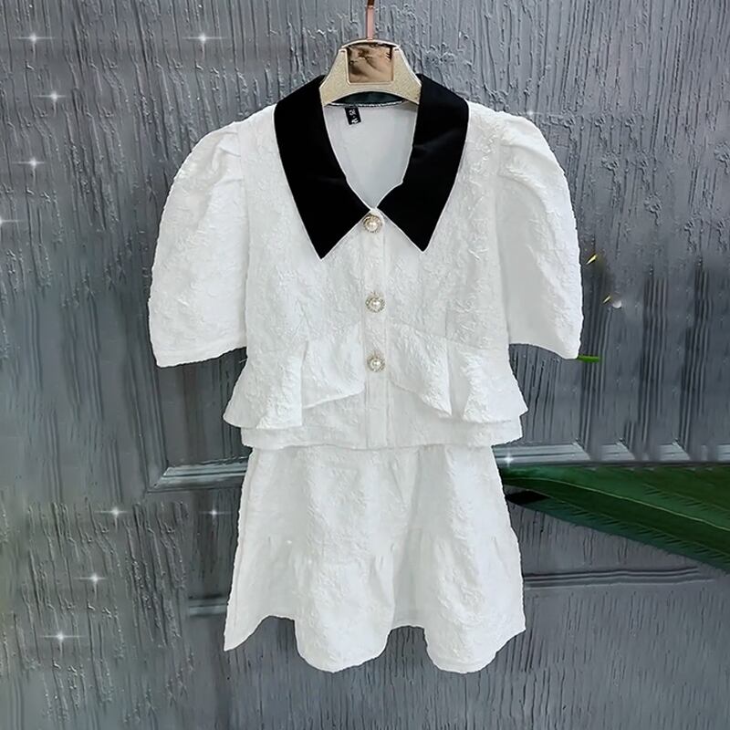 スタンダードラッフル薄手ブラウス Aラインショートスカート レトロ 大きめサイズ エレガント ミックスインファッション39352046268