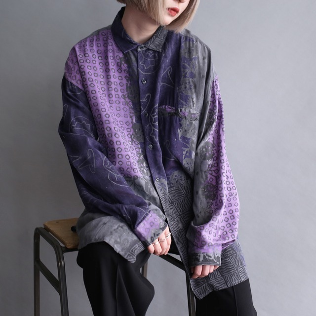 purple × gray art pattern rayon loose shirt