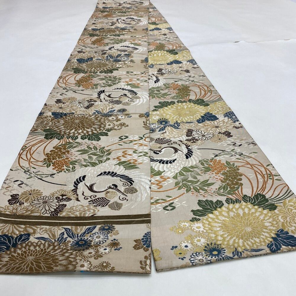 中古 丸帯 正絹 草花 全通柄 ベージュ Dランク 368cm 5688