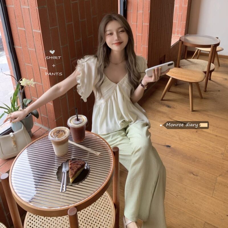 スリムVネックシフォンシャツ サマートップス 大人ガーリー スウィート キュート カジュアル 夏物 モンロー9626523722